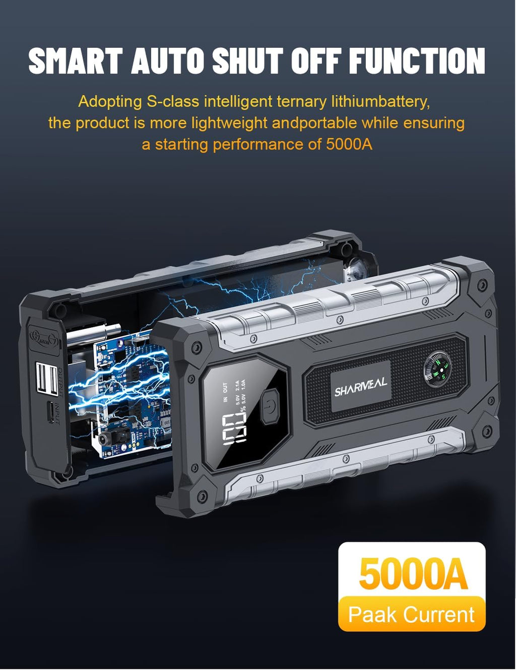 Sharmeal Car Jump Starter 3000A, Jump Starter Battery Pack for 9.0L Gas and 7.0L Diesel, 12V Portable Jump Box with LED Light