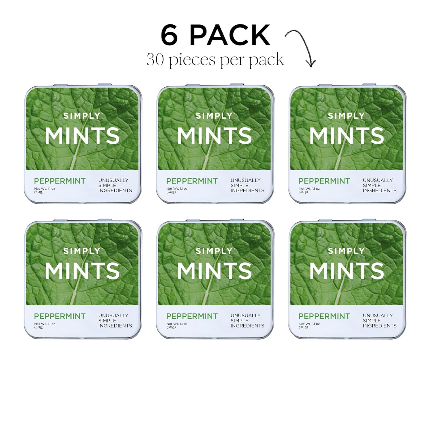 SIMPLY MINTS Natural Peppermint Breath Mints, 6 Pack (180 Pieces), Made With Real Peppermint Oil | Aspartame-Free, Sorbitol-Free, Xylitol-Free, Vegan, Kosher, Non-GMO