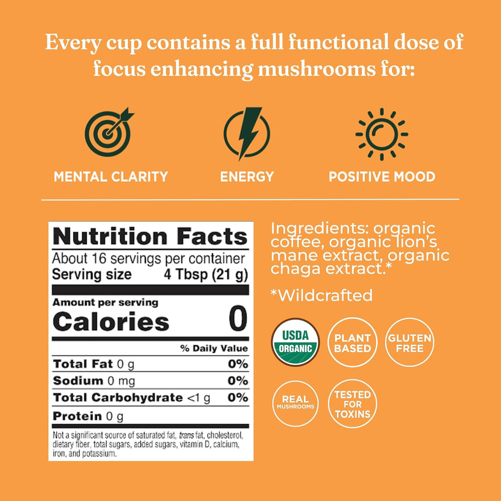 Four Sigmatic Focus Mushroom Coffee | Organic Ground Coffee with Lion's Mane Mushroom and Chaga for Better Focus and Immune Support | 12oz Bag