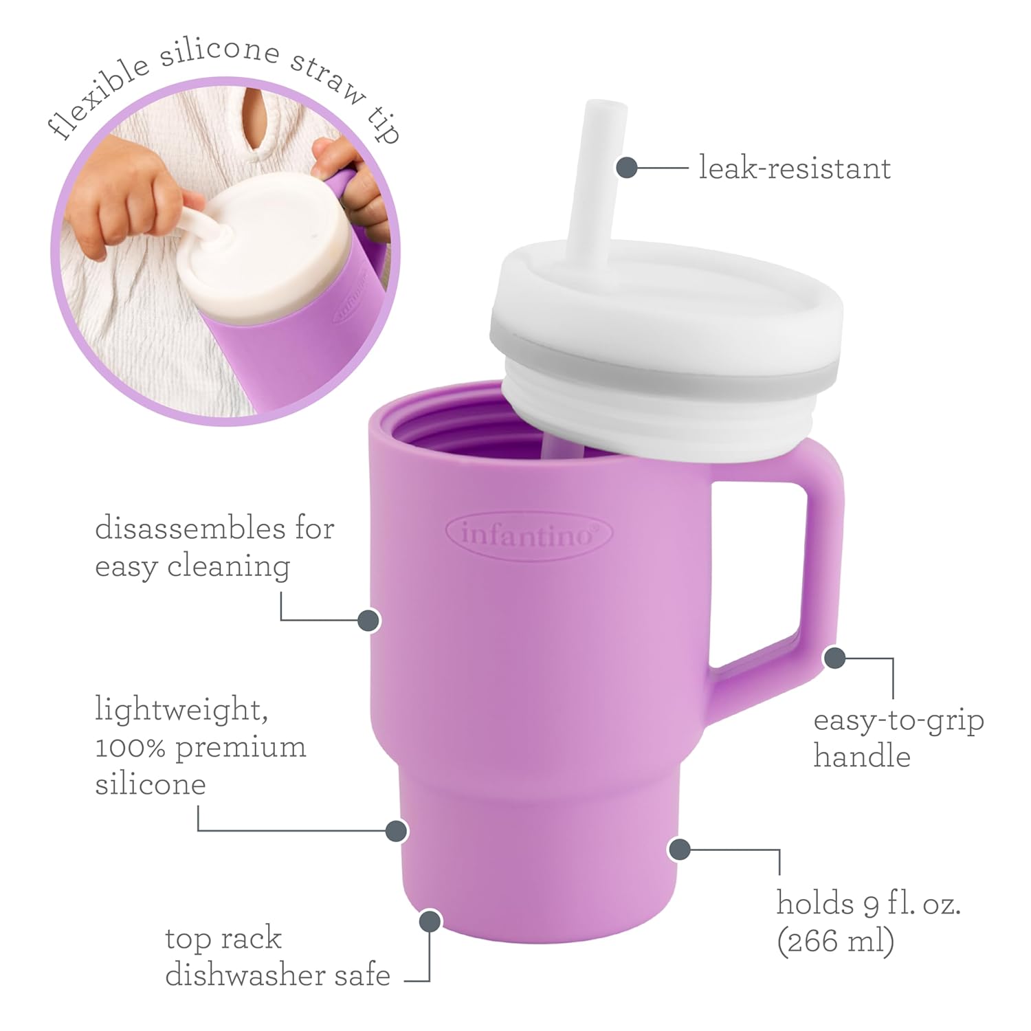 Infantino My 1st Tumbler, Silicone Sippy Cup with Straw & Handle, Spill-Resistant Baby Cup for On-the-Go, BPA-Free Transition Bottle, Lilac