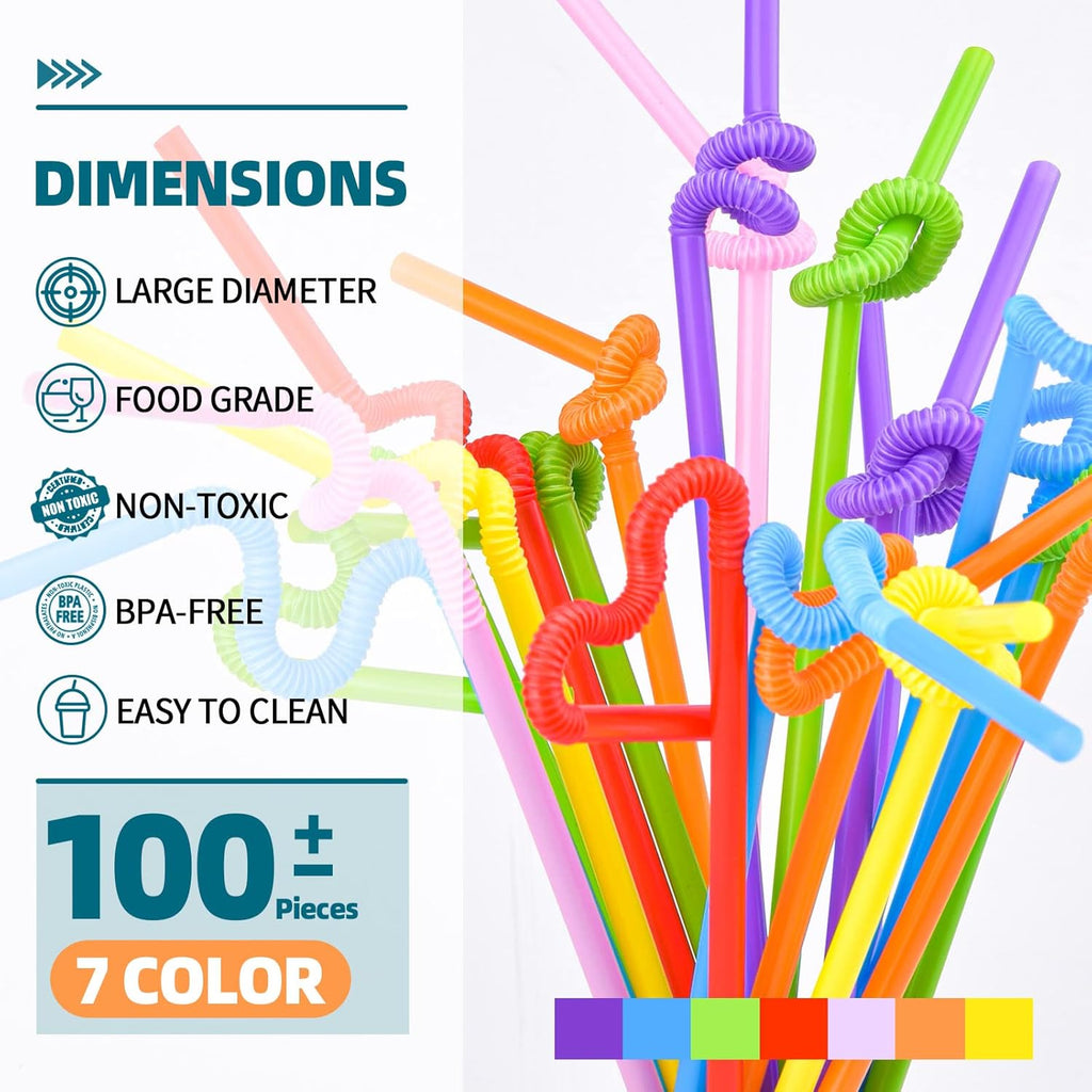 100PCS Flexible Plastic Straws, Colorful Disposable Bendy Party Fancy Straws12.8inch Extra Long Straws Party Decorations