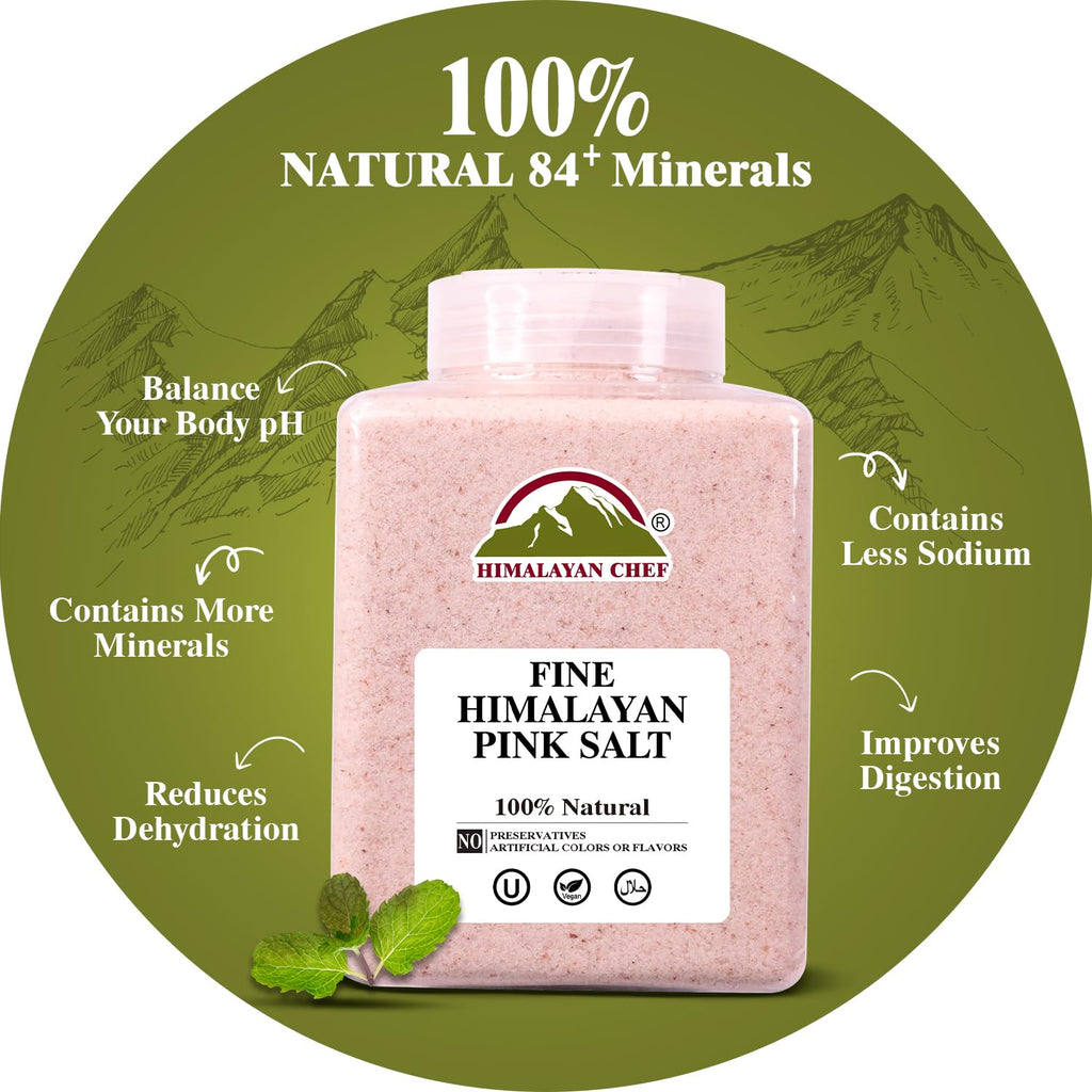Himalayan Chef Pink Himalayan Salt Fine Grain, 5 lbs Plastic Jar - Pure, Natural, Kosher, Non-GMO, Mineral-Rich, for Cooking, Seasoning, Baking, Table Use