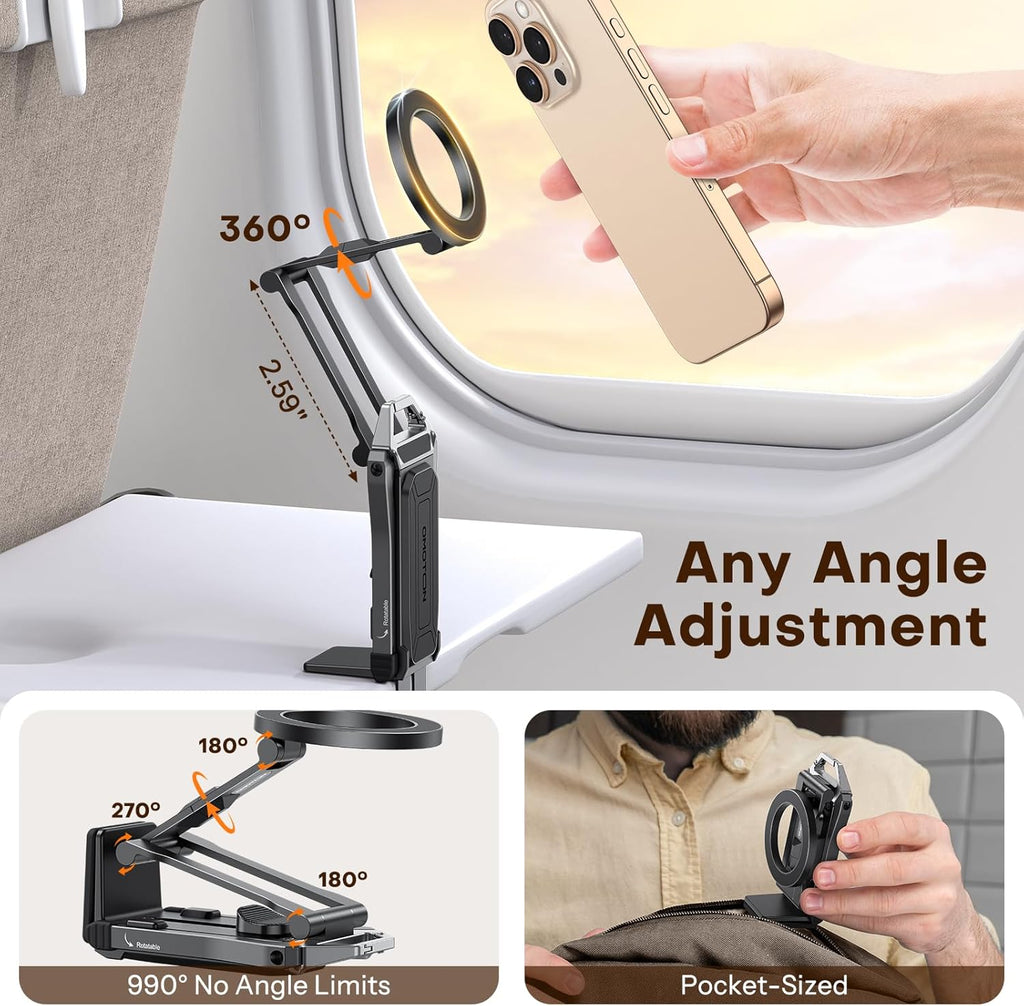 OMOTON TP02 360°Rotating for MagSafe Tripod, Adjustable Aluminum Magnetic Phone Tripod for iPhone 17/16/15/14 Pro Max Air, Foldable Cell Phone Stand Fits Vlog, Gym, Travel Essentials Accessories