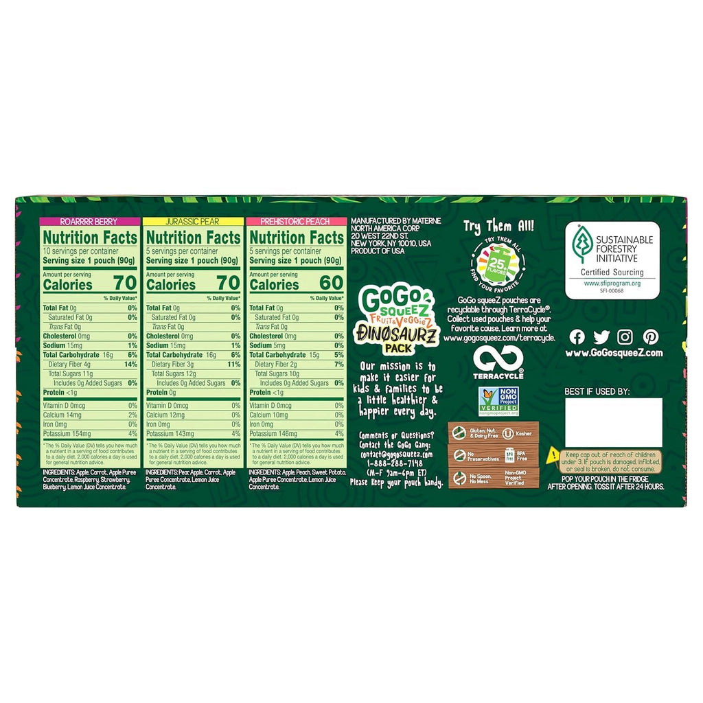 GoGo squeeZ Fruit & veggieZ Applesauce and Puree Variety Pack, Jurassic Pear, Roarrrr Berry & Prehistoric Peach, 3.2 oz (Pack of 20), Unsweetened Snacks for Kids, BPA Free Pouches