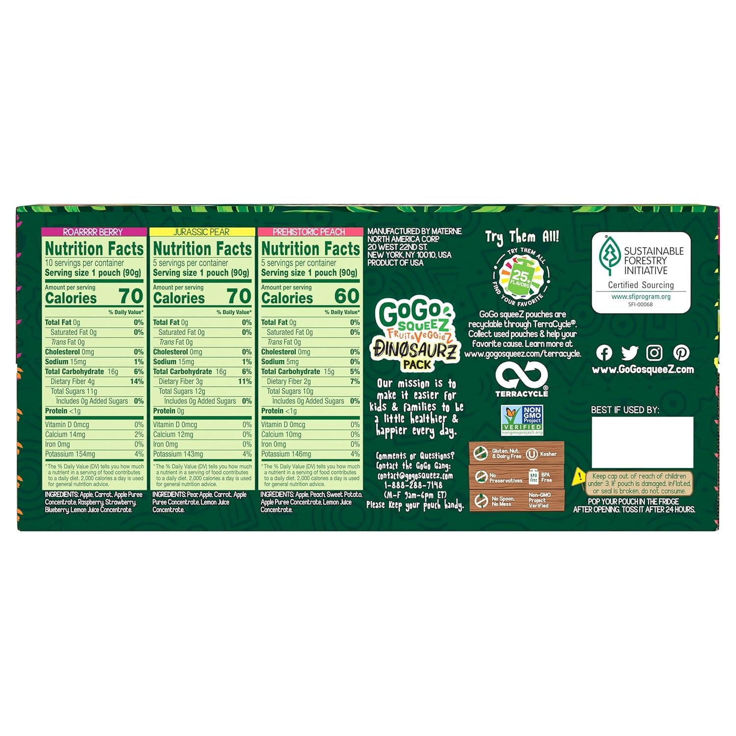 GoGo squeeZ Fruit & veggieZ Applesauce and Puree Variety Pack, Jurassic Pear, Roarrrr Berry & Prehistoric Peach, 3.2 oz (Pack of 20), Unsweetened Snacks for Kids, BPA Free Pouches