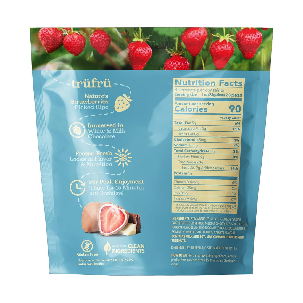 Tru Fru Nature's Strawberries Hyper-Chilled in White & Milk Chocolate, 8 Ounce Bag