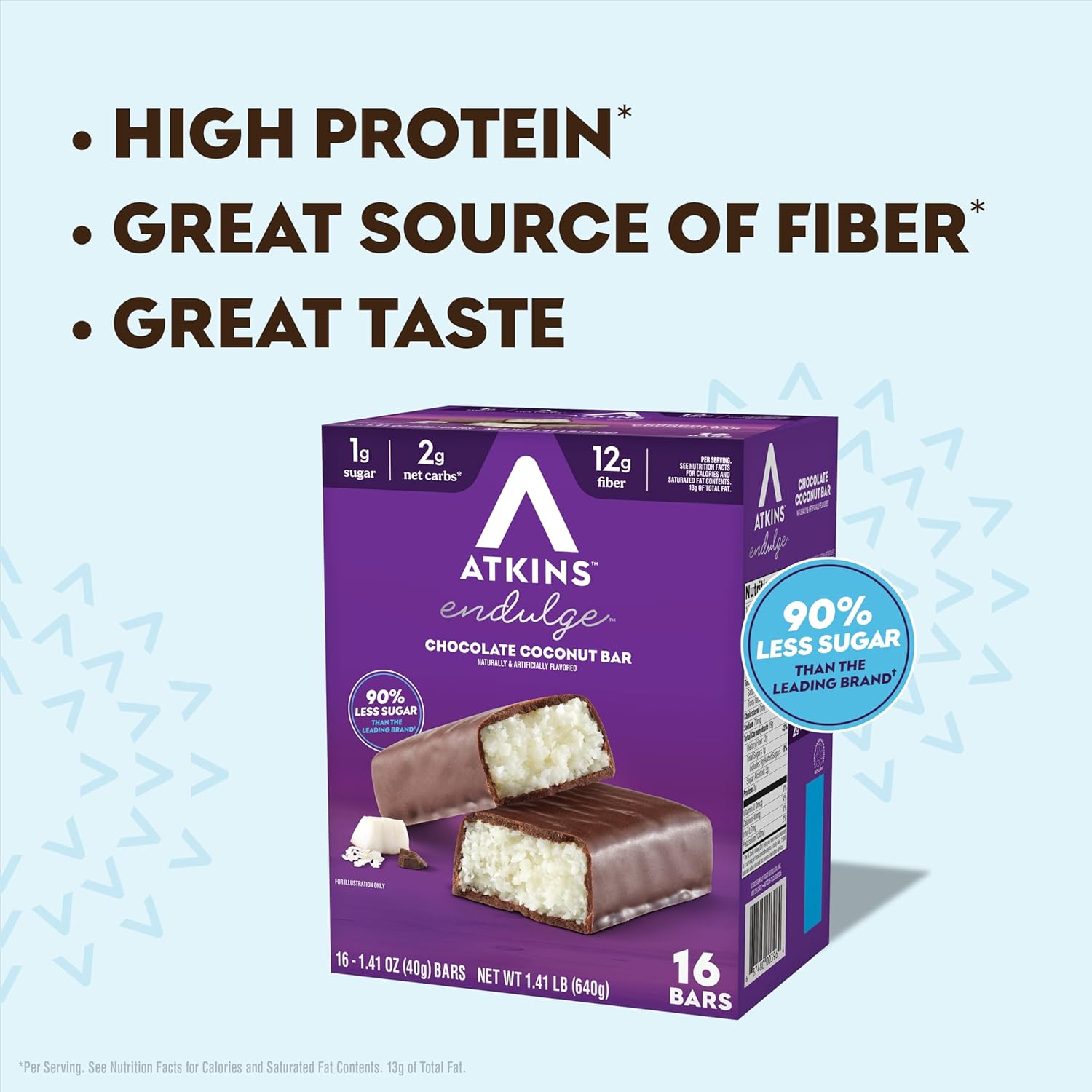 Atkins Endulge Chocolate Coconut Flavored Snack Bar, 1g Sugar, 12g Fiber, Low Sugar Snack, High Fiber Bars, Keto Friendly Treat, 16 Count