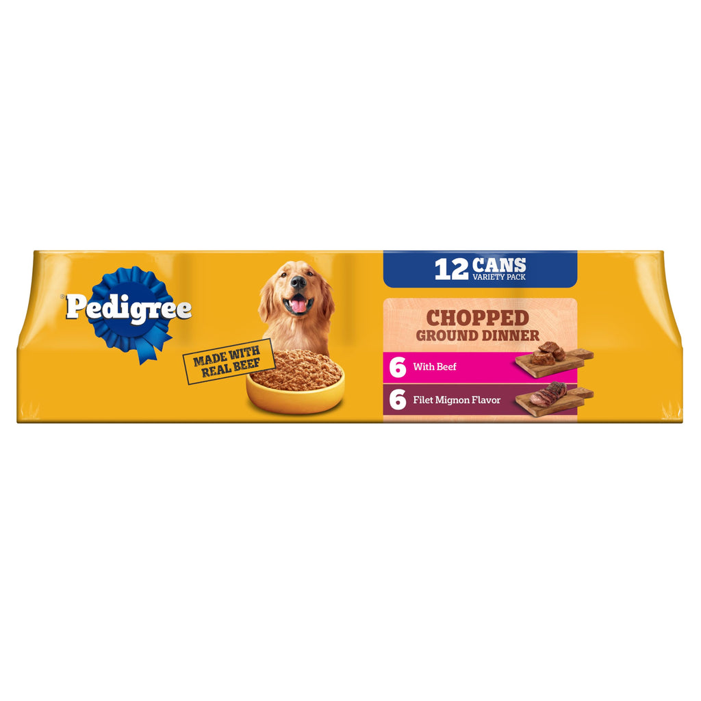 Pedigree Chopped Ground Dinner Wet Dog Food Filet Mignon & Beef Variety Pack, Canned Dog Food, 13.2 oz. Cans, 12 Count