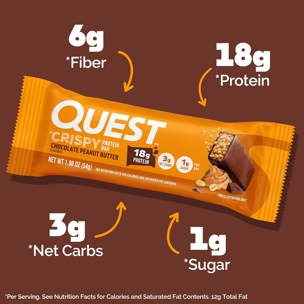 Quest Nutrition Crispy Chocolate Peanut Butter Hero Protein Bar, 18g Protein, 1g Sugar, 3g Net Carb, Gluten Free Protein Snack, Keto Friendly, 12 Count