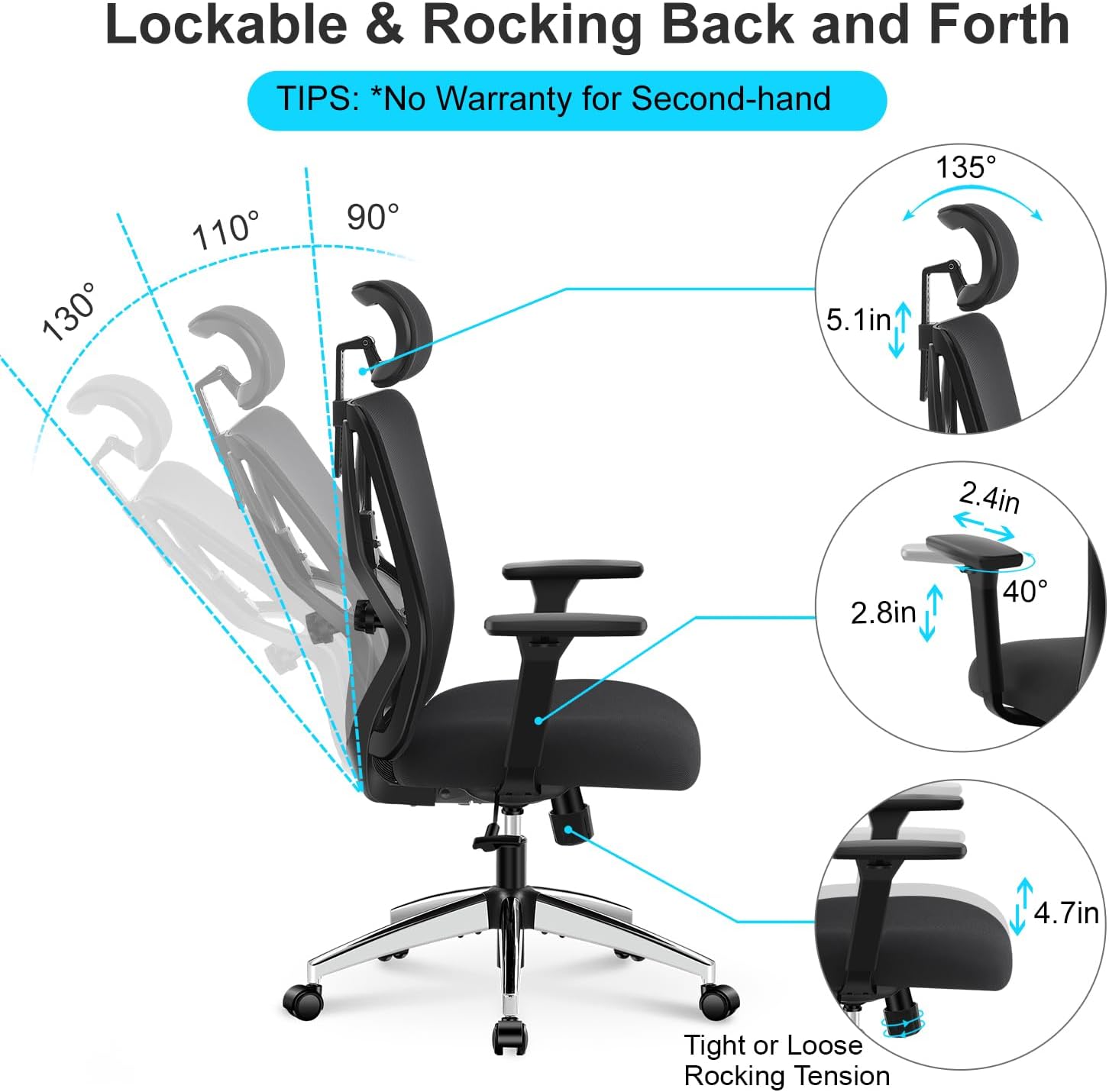 Ticova Ergonomic Office Chair - High Back Desk Chair with Adjustable Lumbar Support, Headrest & 3D Armrest