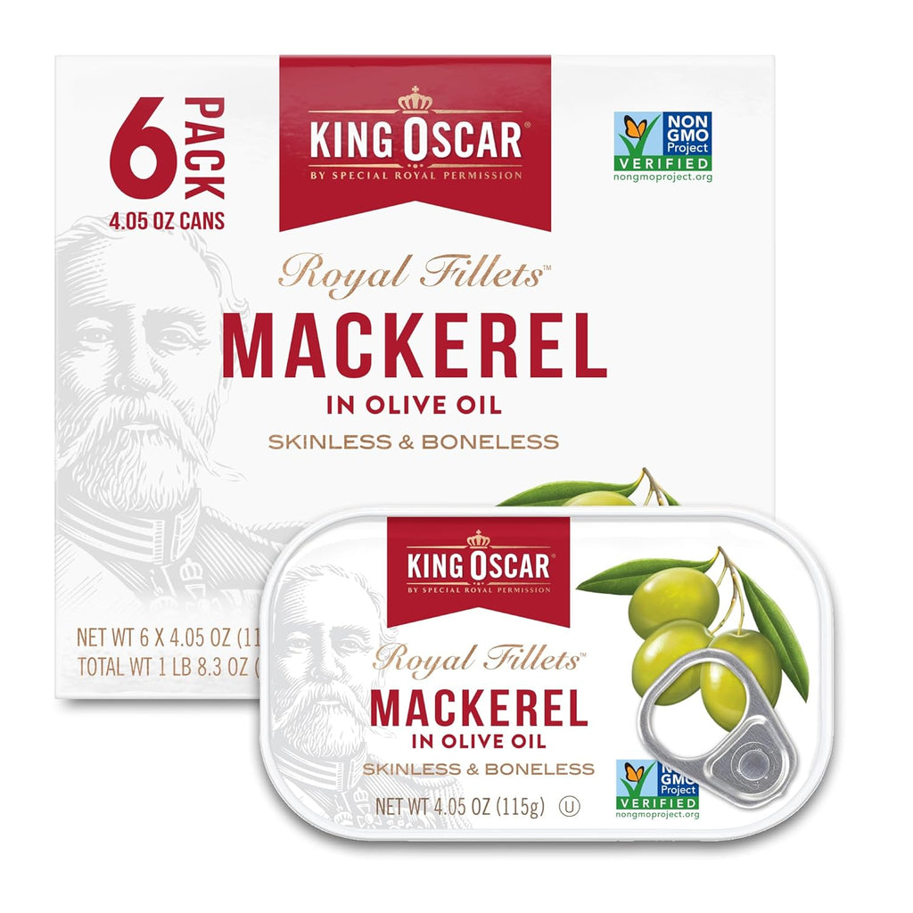 King Oscar Mackerel in Olive Oil, 4.05 Ounce Can (Pack of 6, Packaging May Vary), Skinless & Boneless, Wild Caught Canned Mackerel