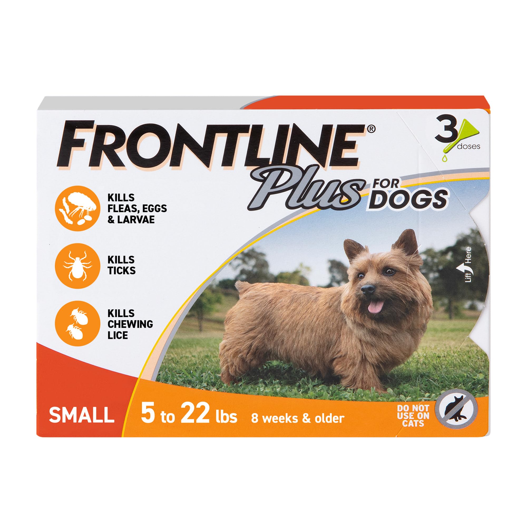 FRONTLINE Plus Flea & Tick Spot Treatment for Small Breed Dogs 5-22 lbs. (Orange) Count of 3 | Trusted by pet owners for over 20 years, kills fleas, ticks & chewing lice, waterproof 24 hr