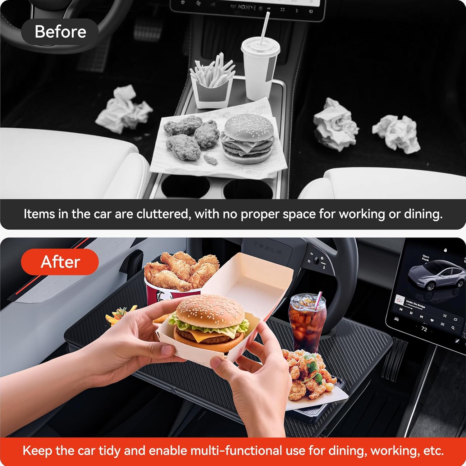 YONZEE 2-in-1 Car Steering Wheel Desk Tray & Car Seat Gap Filler Organizer – Foldable Carbon Fiber Look Table for Laptop, Eating Food, Writing – Multipurpose Travel Car Accessories