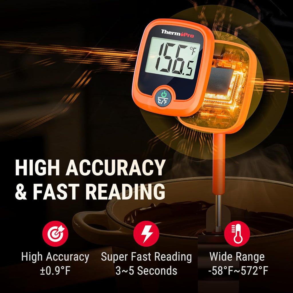 ThermoPro TP509 Candy Thermometer with Pot Clip, 10" Long Probe Instant Read Meat Food Thermometer with LCD, Cooking Oil Thermometer Deep Frying Thermometer for Candy Maple Syrup Sugar Brewing Making