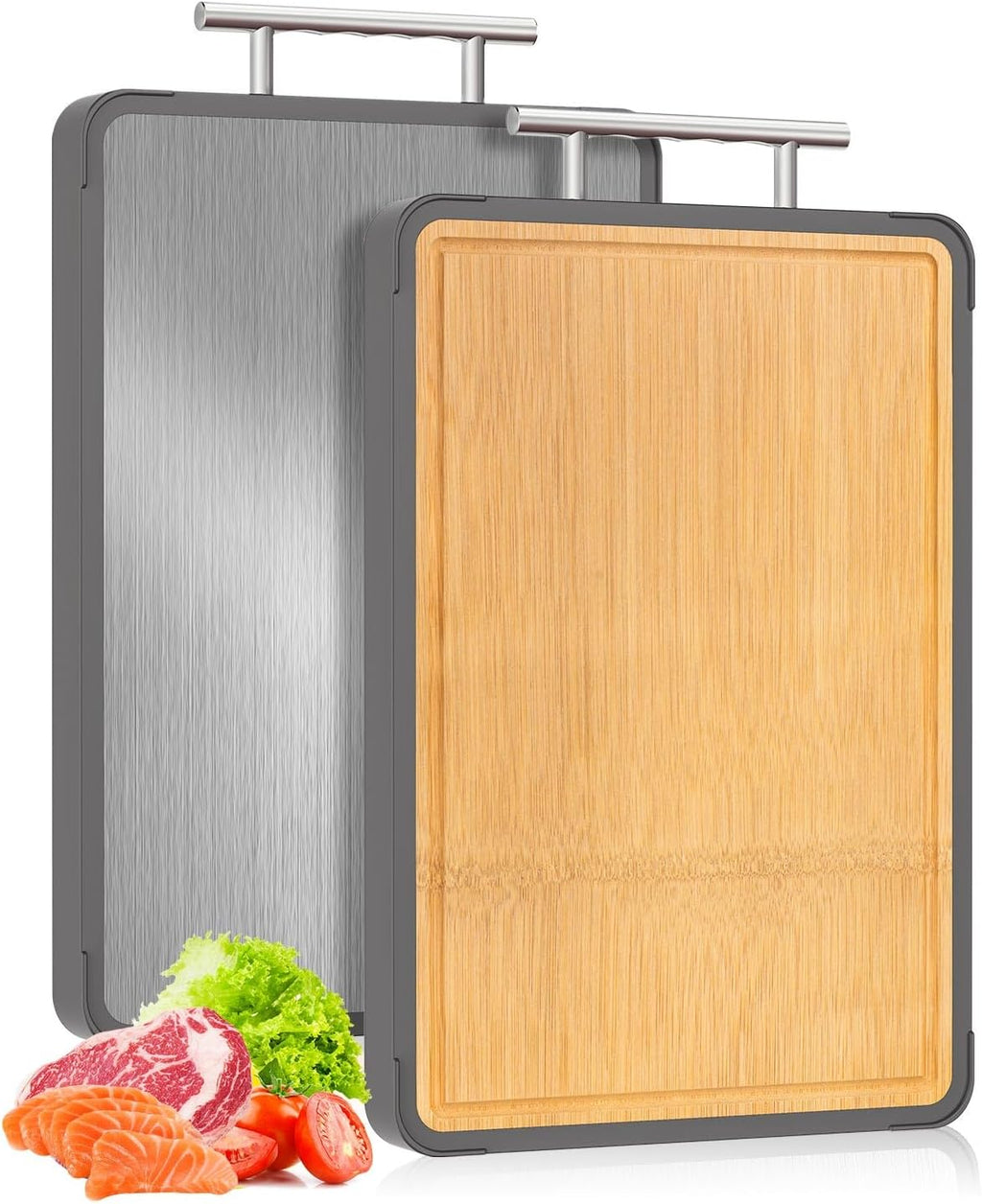 Cutting Boards for Kitchen - Food Grade Double Sided Pure Titanium& Bamboo Chopping Board with Handle, Slip resistant Non-toxic Charcuterie Board Housewarming Gifts (16×11)