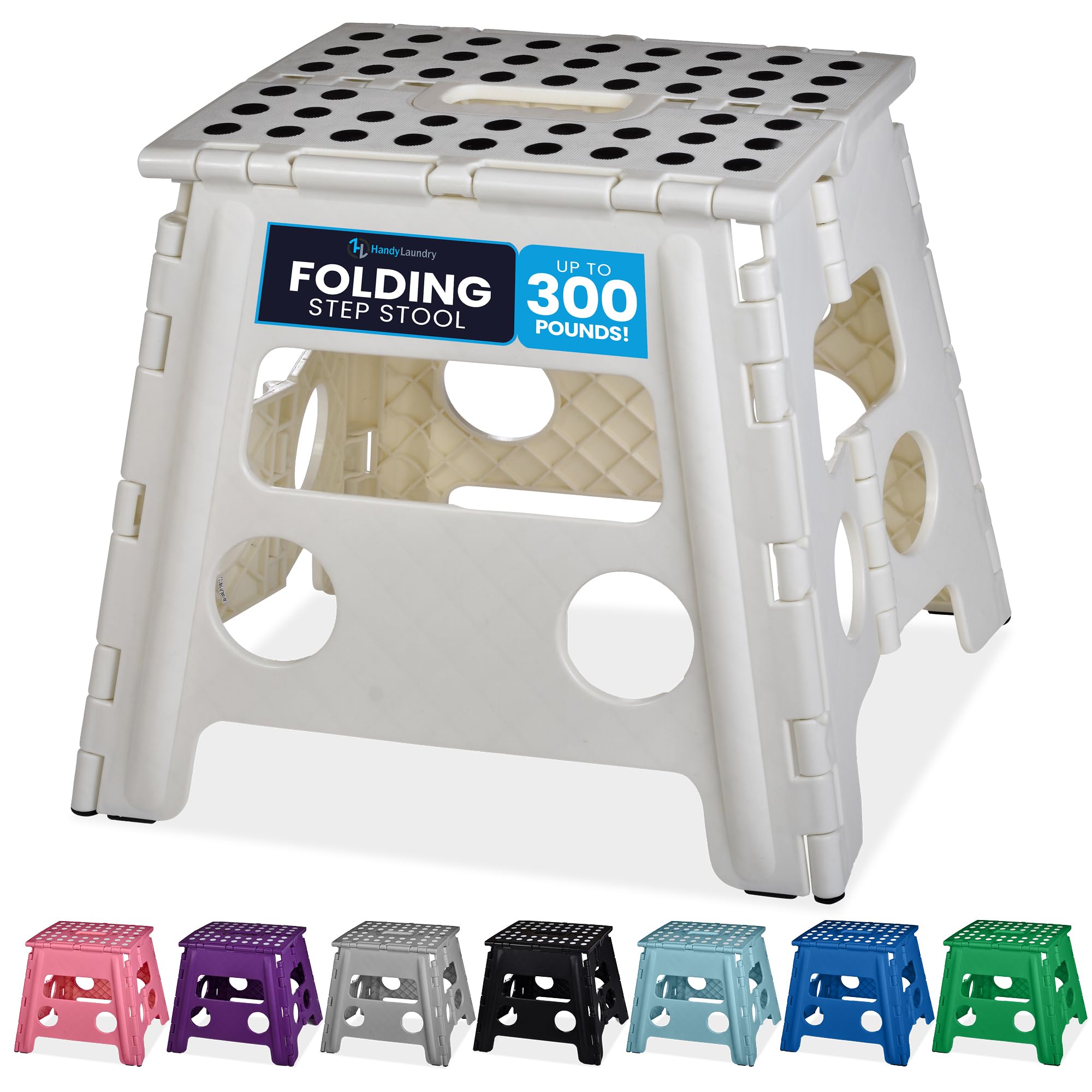 Handy Laundry Folding Step Stool 13 Inch, White, Non-Slip Holds 300 lbs | 13 Inch, White, Foldable Collapsible Step Stool, Non-Slip, Holds 300 lbs, Kitchen Bathroom Bedroom, Adults