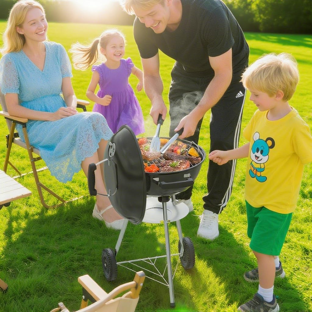 18 inch Charcoal Grill, Portable Kettle BBQ Grills, Perfect BBQ Gift, Durable & Easy to Assemble, Round Barbecue Grill with Wheels and Lid for Outdoor Cooking, Patio and Beach, Black