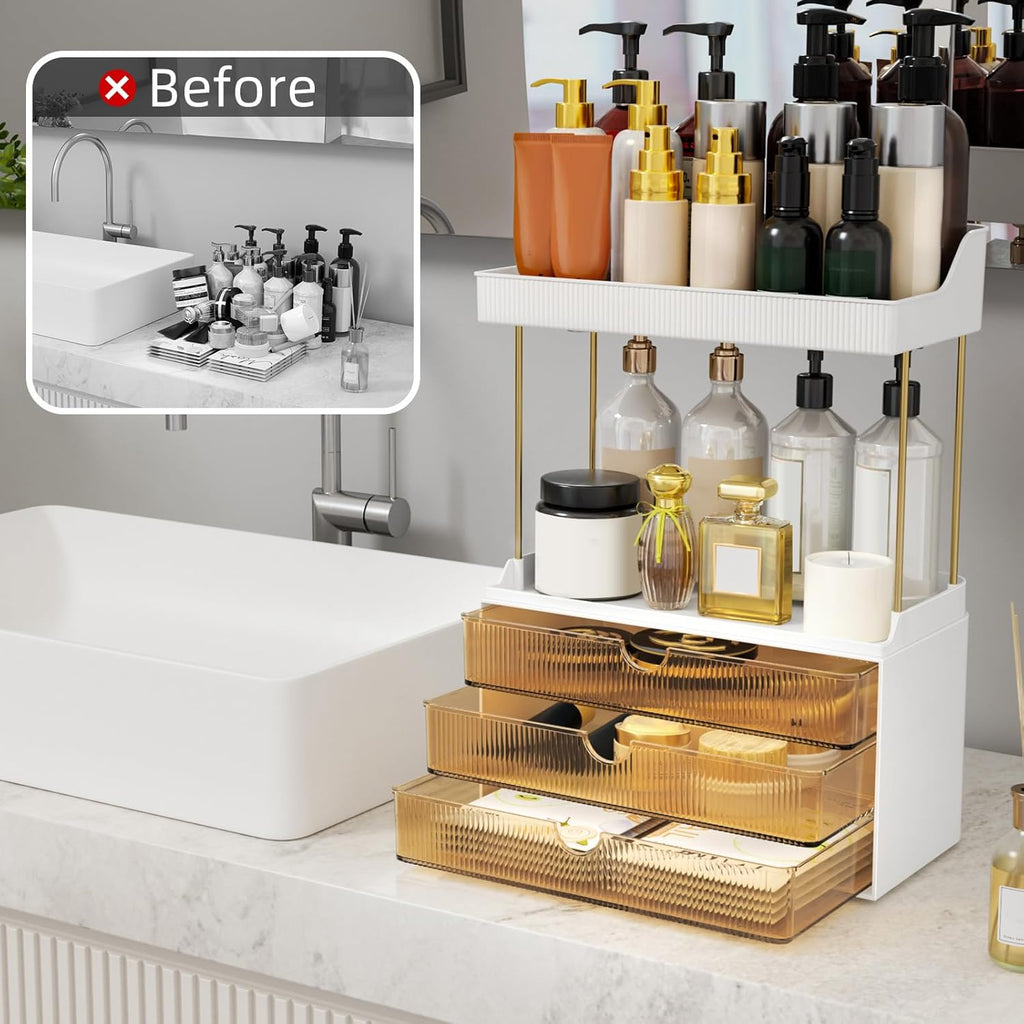 3 Drawers Makeup Organizer - 5 Tier Bathroom Counter Organizers and Storage, Versatile Perfume Vanity Organizer, Ideal for Cosmetic, Large Skincare, Face Mask, Office Supplies, Amber