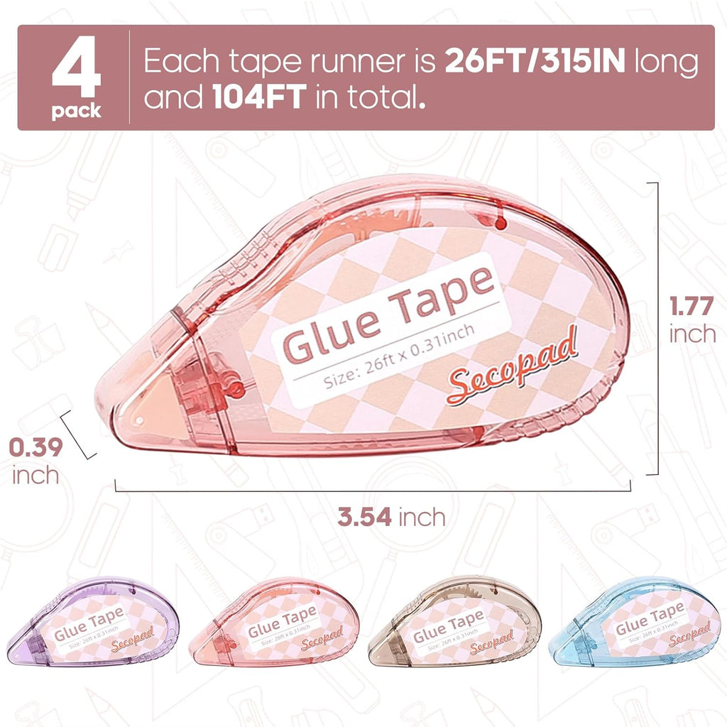 Scrapbook Tape, 4 Pack Double Sided Tape Roller for Crafts, Adhesive Glue Runner Scrapbooking Supplies Journaling School Office Teacher Supplies for Kids and Adults, 0.3IN x 26FT