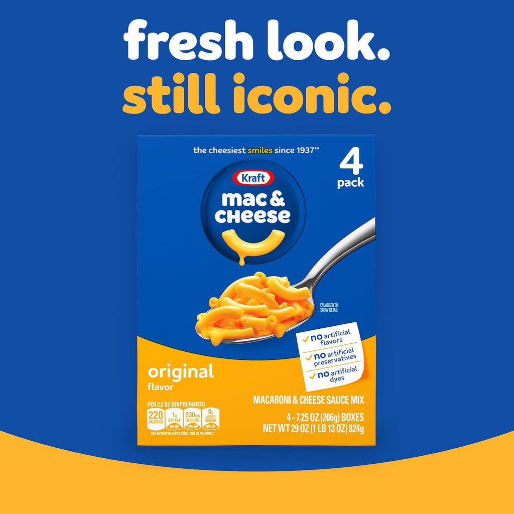 Kraft Mac and Cheese, 4 Boxes, for Easy Dinner or Dinner Sides, Original Flavor, No Artificial Flavors, Preservatives or Dyes, 7.25 oz