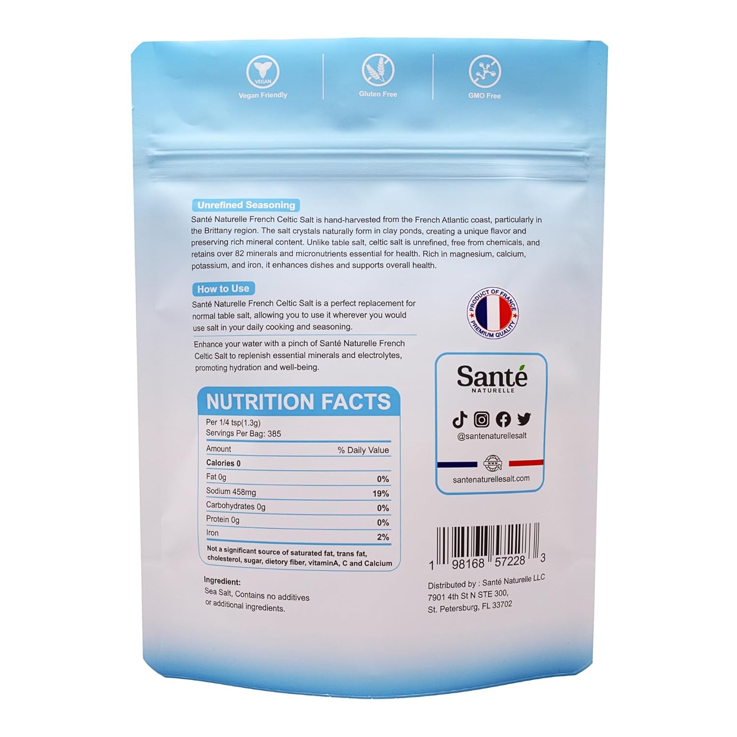 Sante Naturelle Celtic Salt Organic Fine Ground - 1.1lb (18oz) Unrefined French Mineral Sea Salt Organic, Rich in 82+ Minerals, 100% Natural & Hand Harvested Sal Celtica