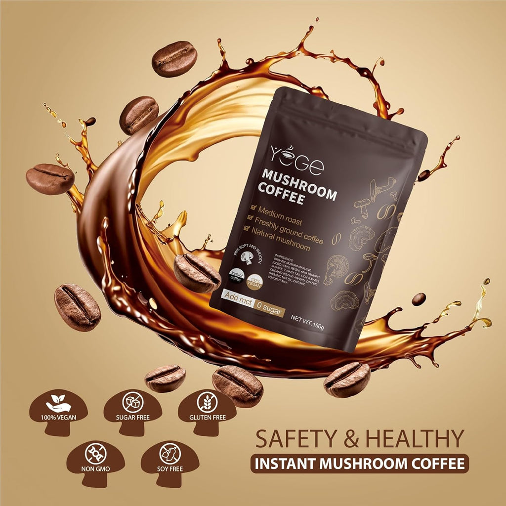 Mushroom Coffee, Instant Mushroom Coffee with Cordyceps, Reishi, King Trumpet, Shitake, Turkey Tail, Lions Mane for Energy, Focus, Positive Mood & Immune Support (30 Servings)