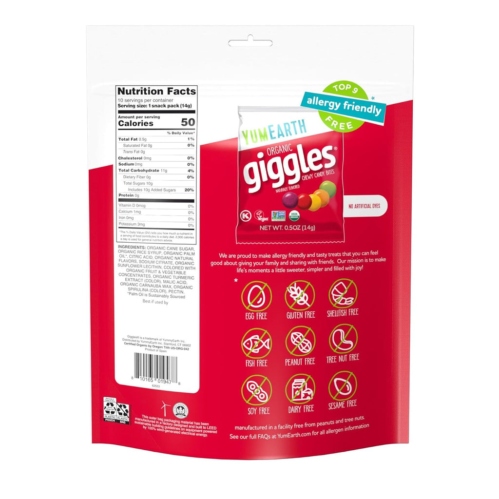 YumEarth Organic Giggles Chewy Candy - Allergy Friendly (Top 9 Free), No Artificial Dyes, Non GMO, Gluten Free, Vegan - Individually Wrapped Fruity Snack Packs - 0.5 Ounce (Pack of 10)