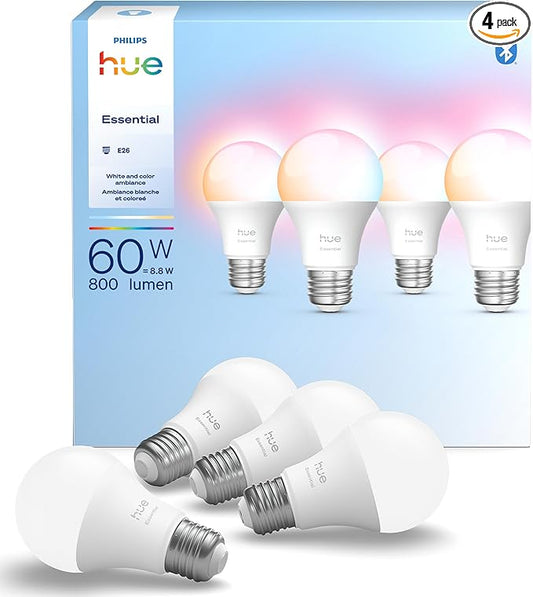 Philips Hue Essential Smart LED A19 Bulb, White and Color Ambiance, E26 Base, 8.8W, 2200K-6500K, 800 Lumens, Dimmable, Works with Alexa, Google, and Apple Home, 4-Pack
