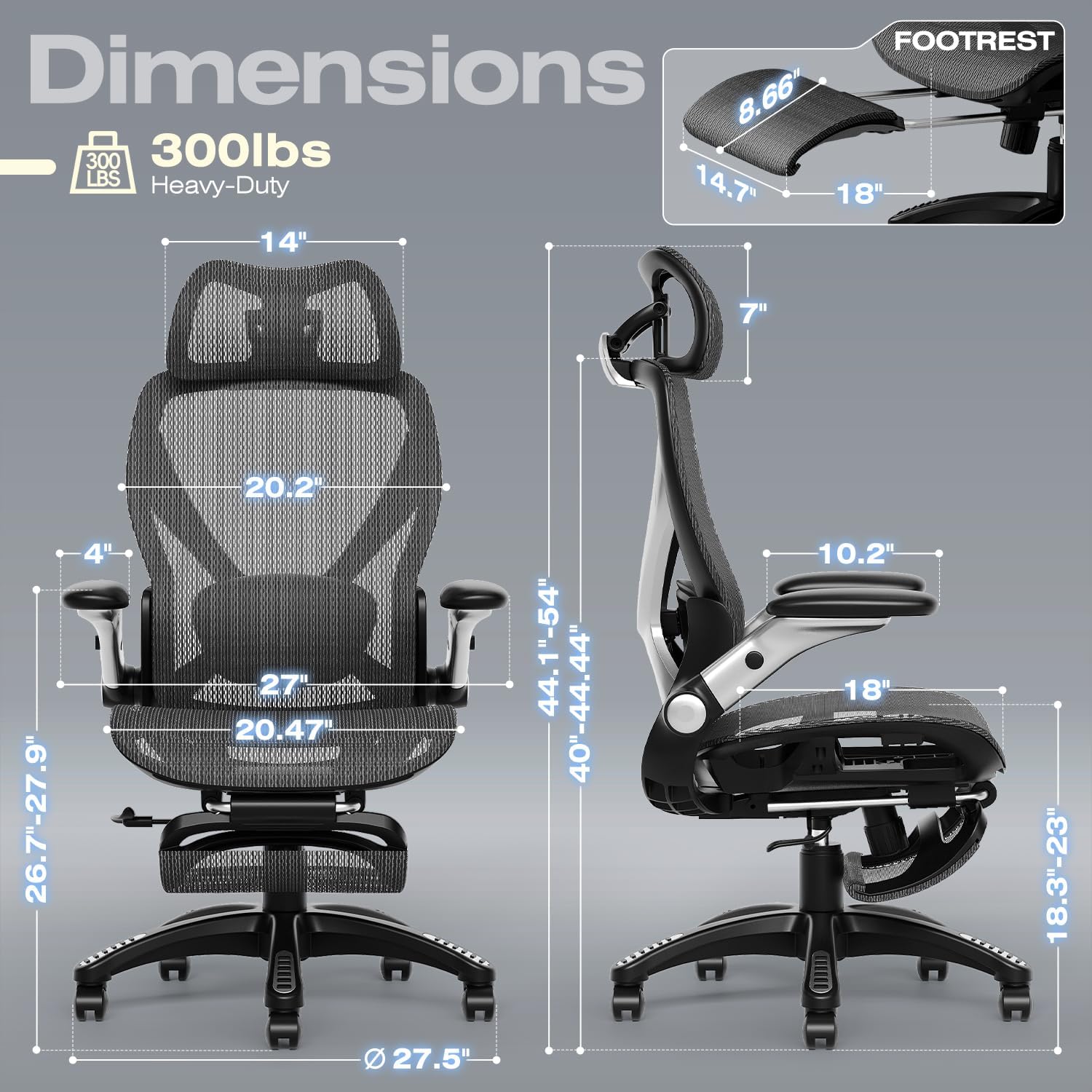 ELABEST X100 Ergonomic Office Chair with Footrest, Big and Tall Home Desk Chair with 5D Flip-Up Arms, Adjustable 3D Lumbar Support,High Back Rolling Computer Chair, Swivel Mesh Chairs (Midnight Mist)
