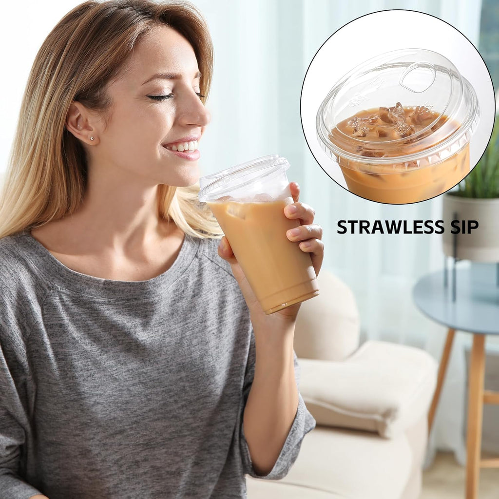AOZITA 100 Pack - Clear 16 Oz Plastic Cups With Lids, Disposable Iced Coffee Cups With Lids for Party Drinks, Bubble Tea and Cold Beverage, BPA Free & Food Safe