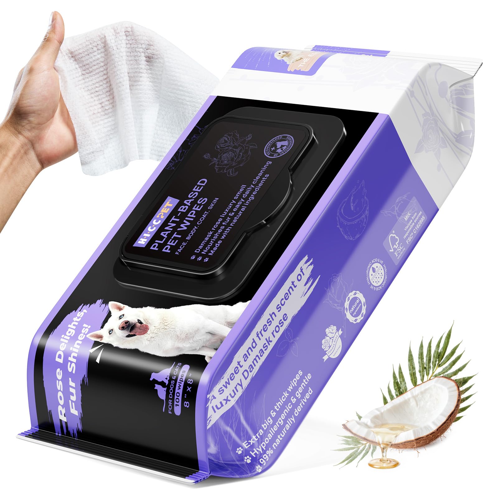 HICC PET Wipes for Dogs and Cats, Vet-Recommended Pets Cleaning Wipes, Deodorizing Hydrating, Nourishes Smoothes Fur, Fermented Coconut Oil Grooming Paws Body and Butt, Horse Skin Coat, Rose, 100pcs