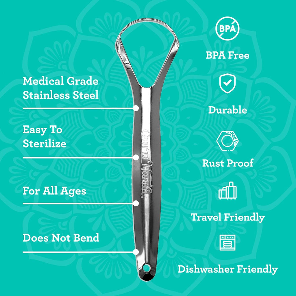 GuruNanda Tongue Scraper for Adults (2 Pack) with Travel Case, 420 Medical-Grade 100% Stainless Steel Tongue Cleaner, Aids in Fresh Breath & Oral Care