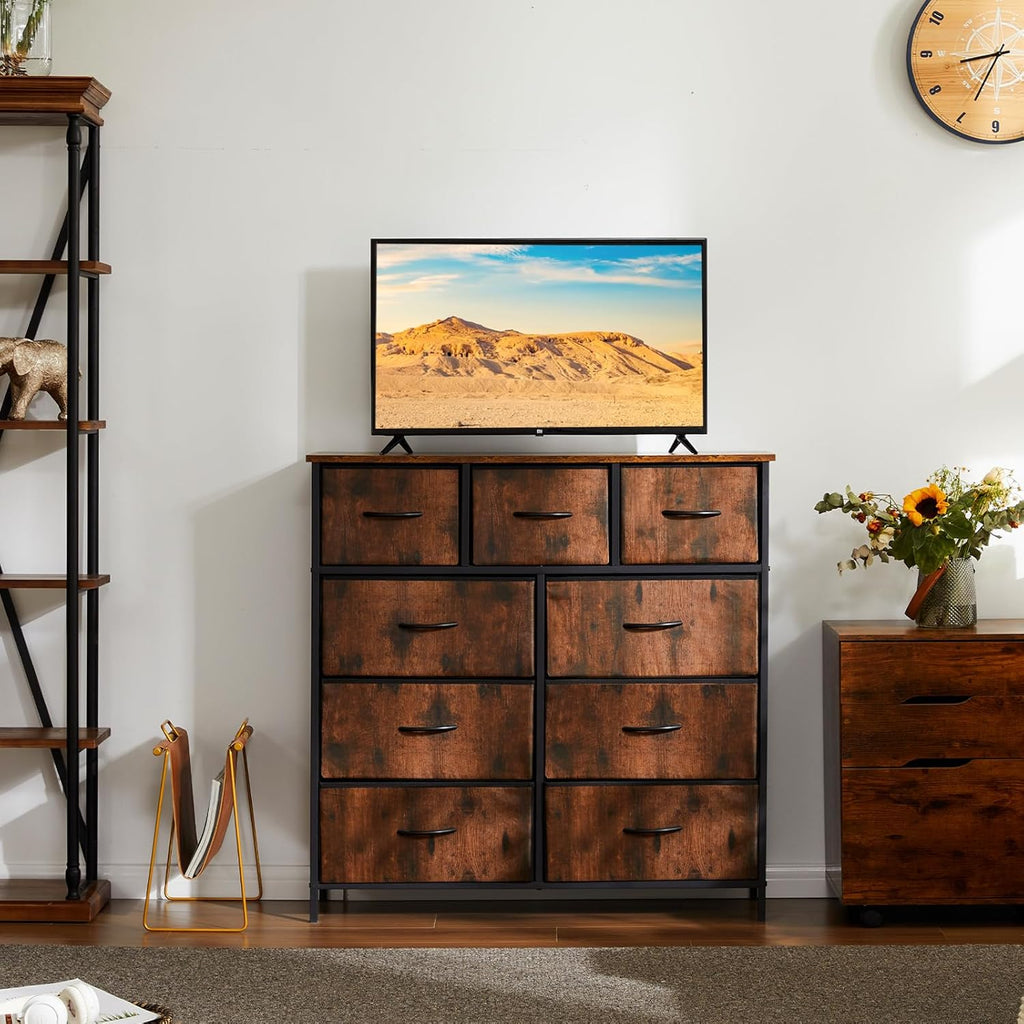 DUMOS Dresser for Bedroom, Storage Organizer with 9 Drawers, Chest of Drawers with Fabric Bins, Sturdy Metal Frame, Wood Tabletop for Guest Room, Closet, Entryway, Brown