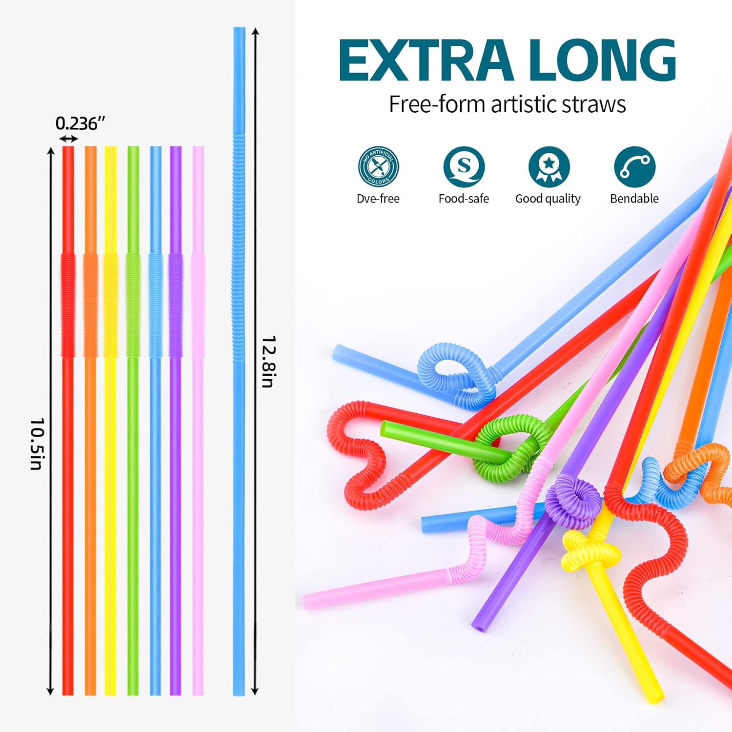 100PCS Flexible Plastic Straws, Colorful Disposable Bendy Party Fancy Straws12.8inch Extra Long Straws Party Decorations