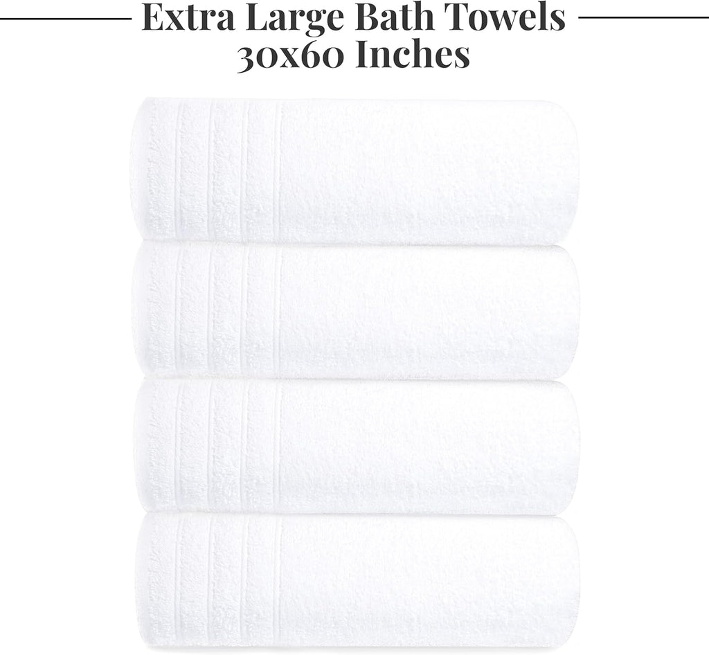 Tens Towels Pack of 4 Extra Large Bath Towels 30 x 60 Inches, 100% Cotton, Larger & Lighter Weight, Quicker to Dry, Super Soft and Absorbent, Perfect for Bathroom, White
