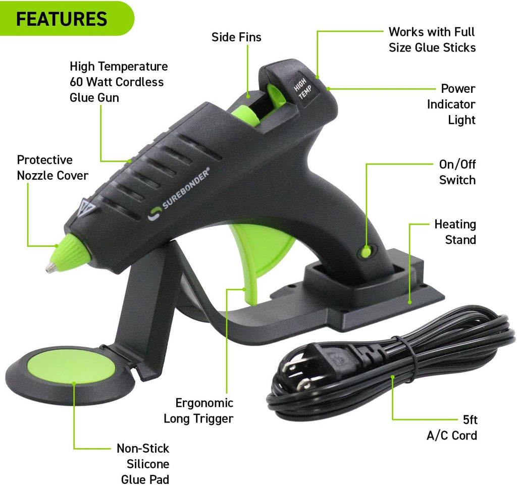 Surebonder Cordless Hot Glue Gun, High Temperature, Full Size, 60W, 50% More Power - Sturdily Bonds Metal, Wood, Ceramics, Leather & Other Strong Materials (Specialty Series CL-800F)