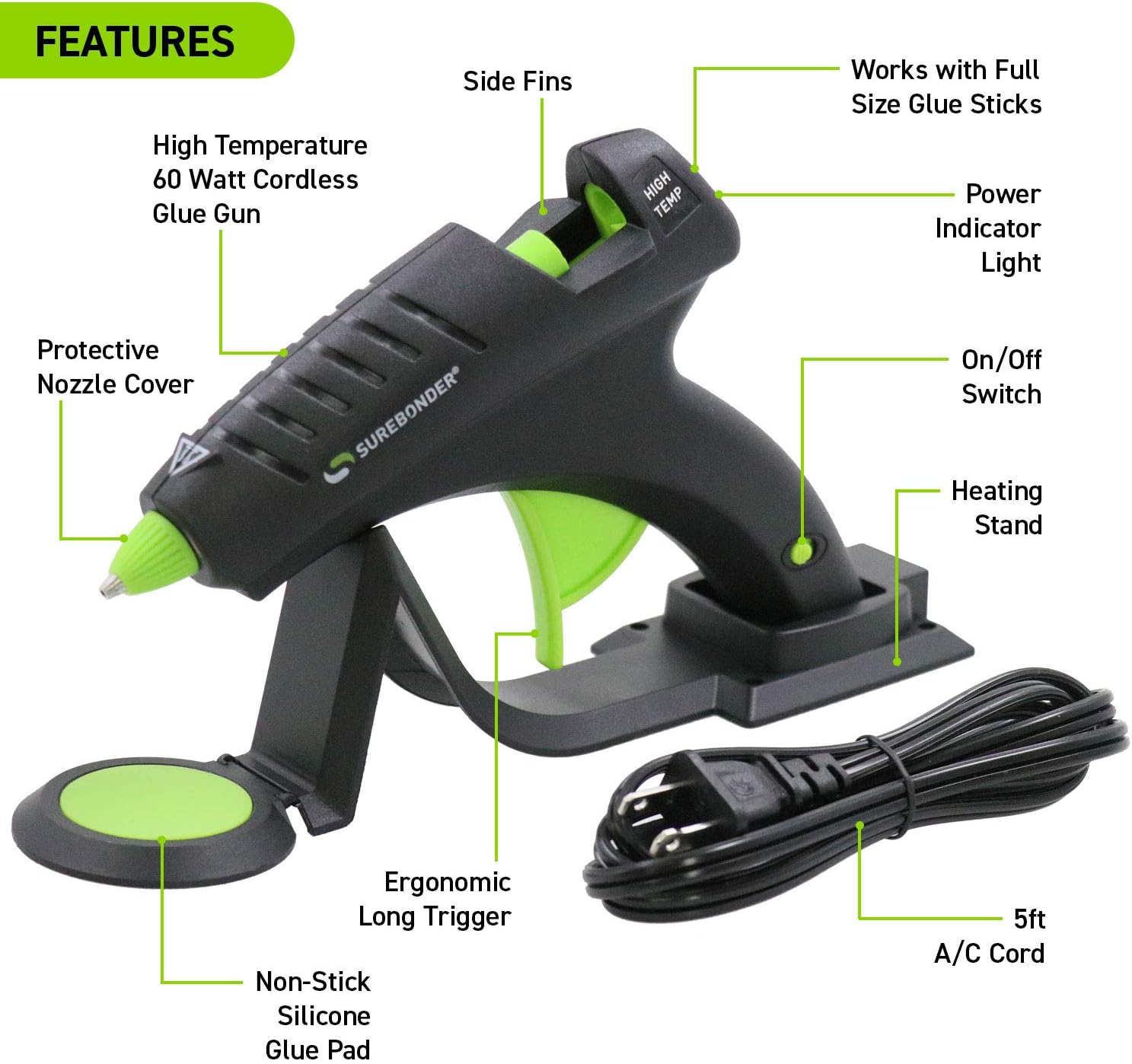 Surebonder Cordless Hot Glue Gun, High Temperature, Full Size, 60W, 50% More Power - Sturdily Bonds Metal, Wood, Ceramics, Leather & Other Strong Materials (Specialty Series CL-800F)