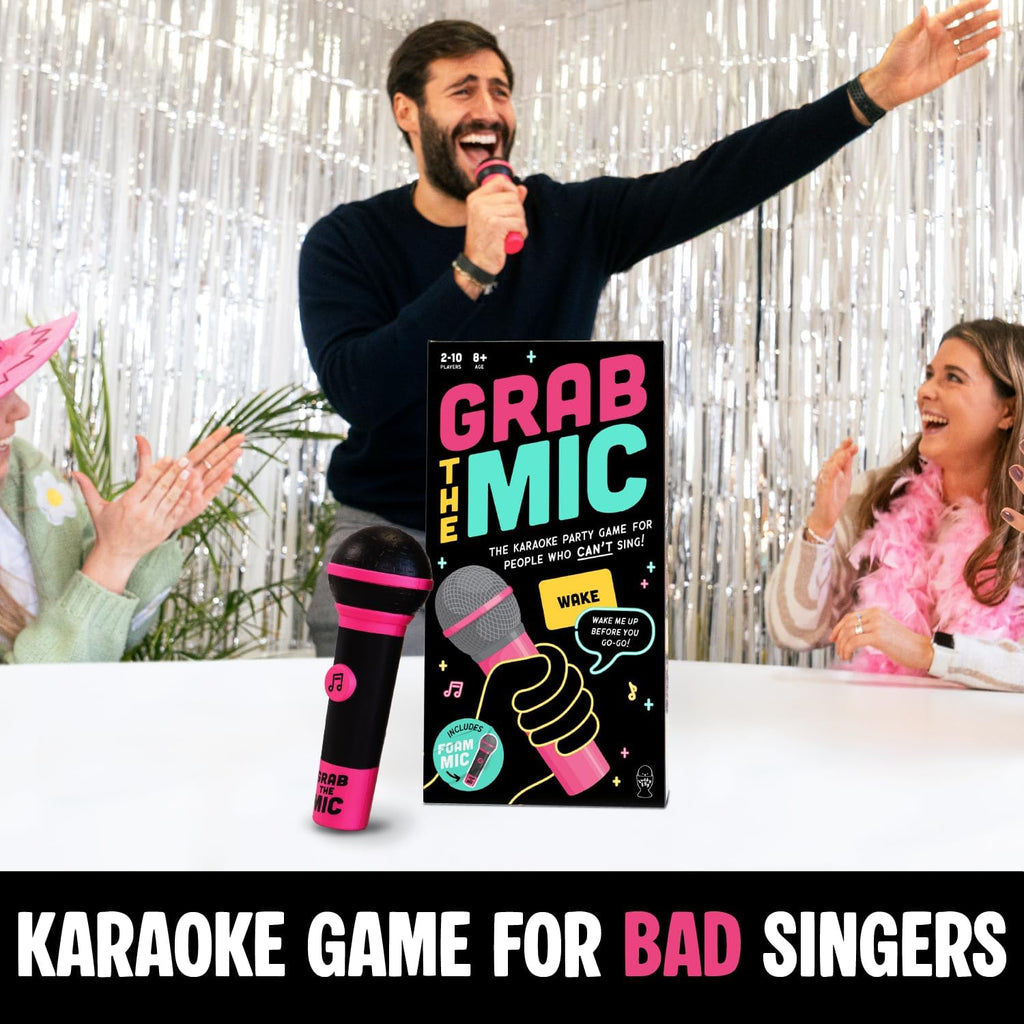 Lucky Egg Official Grab The Mic – Family Karaoke Board Game w/Foam Mic, 8+ Ages, 2-10 Players - Games for Bad Singers w/ 240 Lyrics (120 Cards) (First Edition)