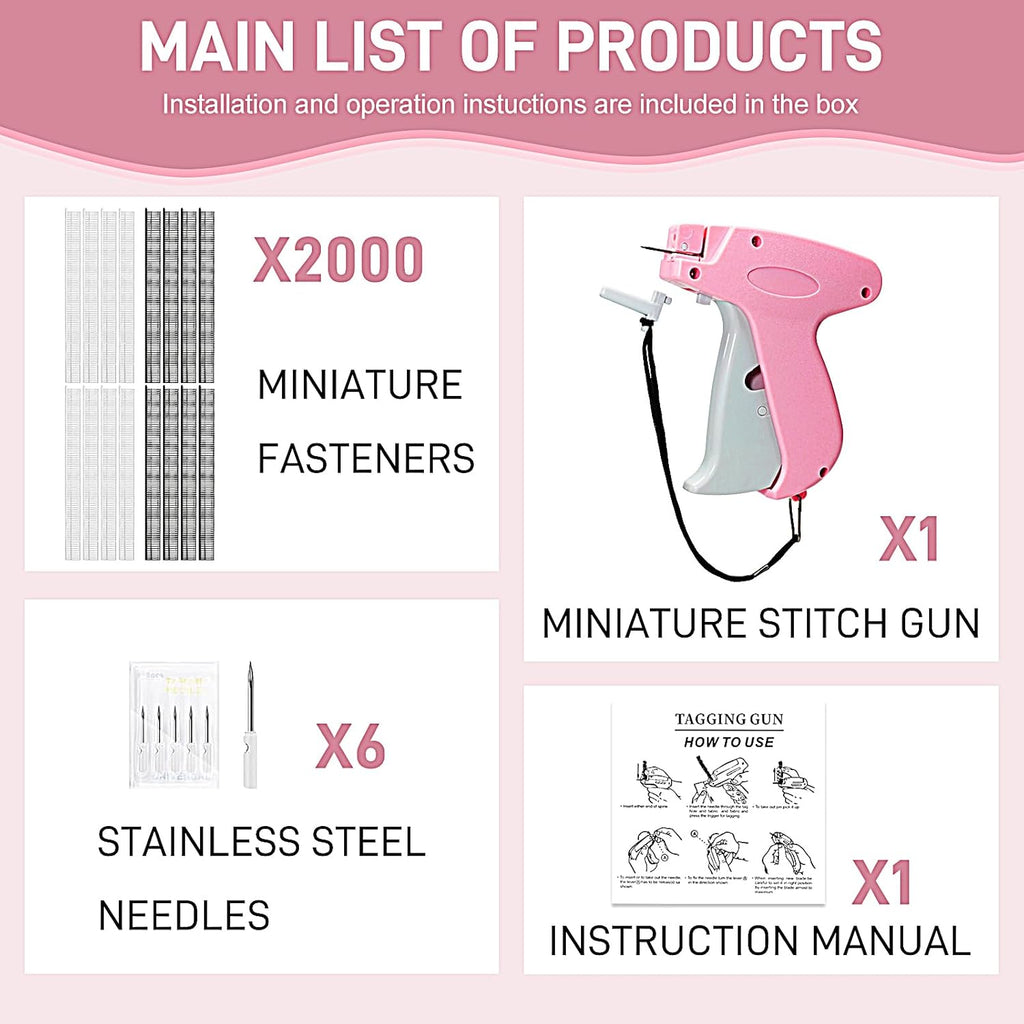 Stitch Gun for Clothes， Handheld Stitch Gun Quick Clothing Fixer，Sewing Kit Includes 1,000 Black Fasteners & 1,000 White Fasteners & 6 Needles，Tagging Gun（Pink）