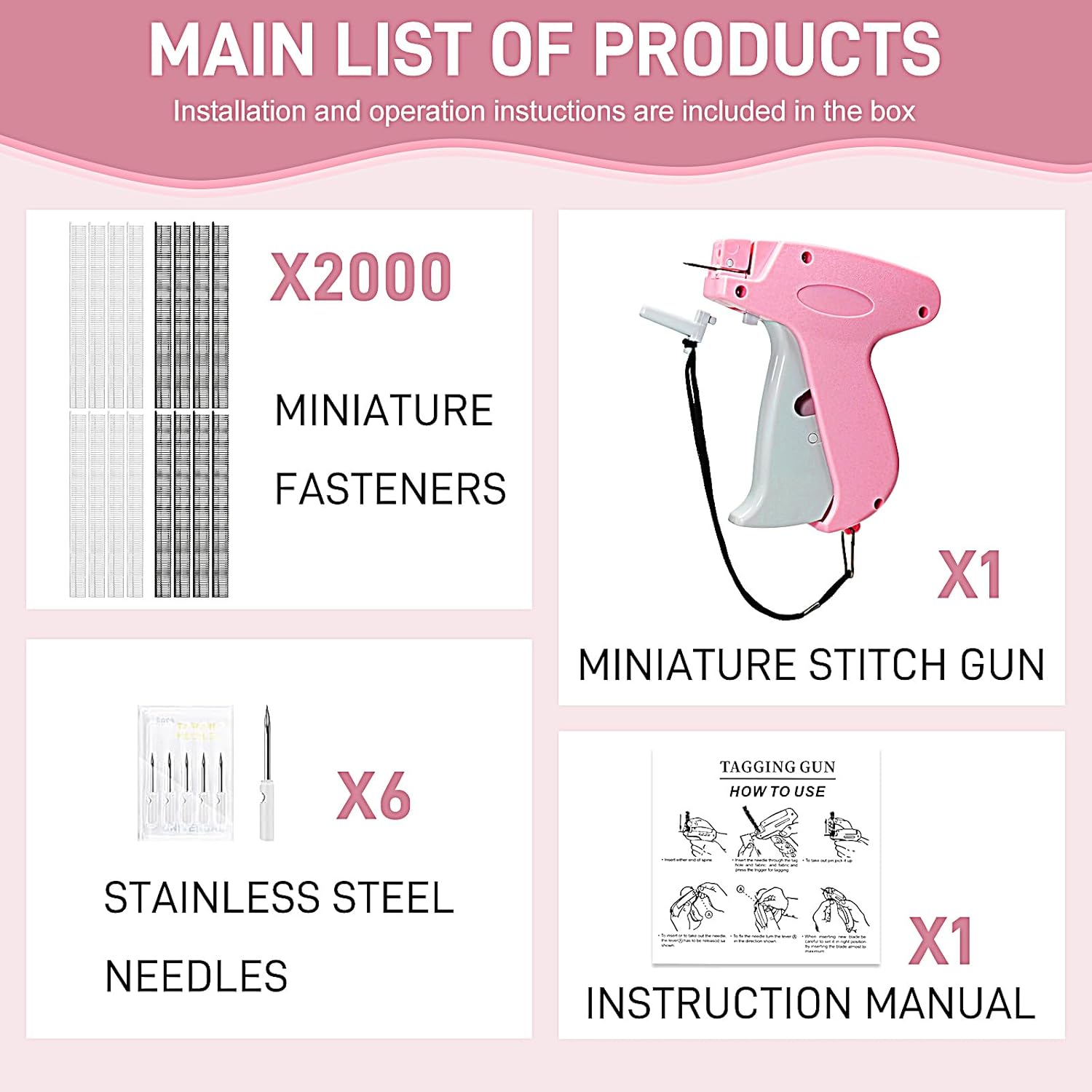 Stitch Gun for Clothes， Handheld Stitch Gun Quick Clothing Fixer，Sewing Kit Includes 1,000 Black Fasteners & 1,000 White Fasteners & 6 Needles，Tagging Gun（Pink）