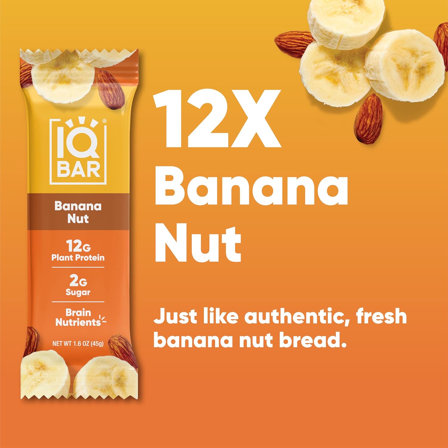 IQBAR Clean Plant Protein Bars - Banana Nut - 12 Count - Keto, Vegan, High Fiber, Gluten and Dairy Free, Low Sugar Snack - Brain and Body Nutrients for Focus, Energy, Meal Replacement