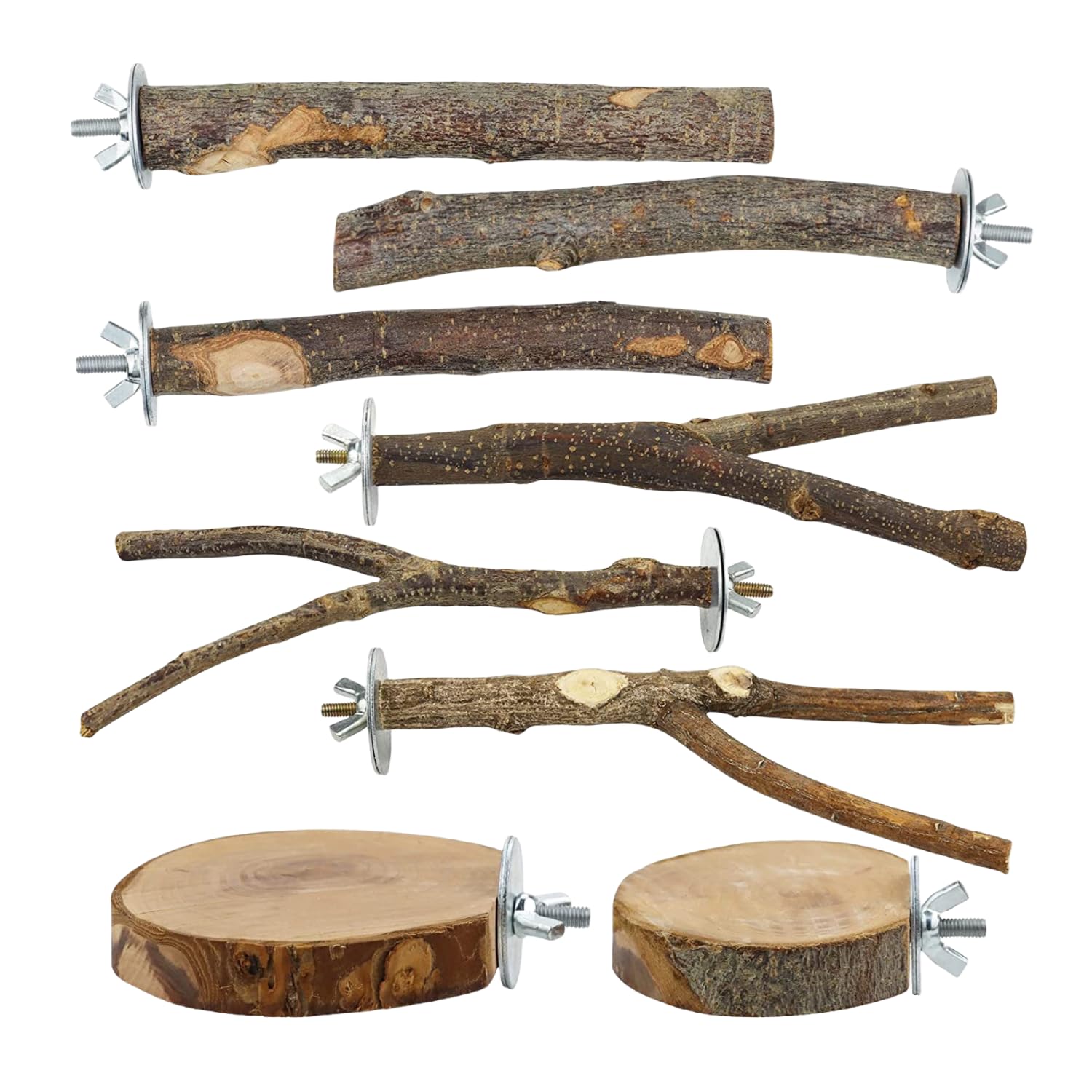 8-Piece Set Natural Wood Bird Perches - Wooden Parrot Stand with Fork Toys, Hanging Multi-Branch Platform, Hammock Swing - Suitable for Parakeets, Budgies - Durable Pet Bird Accessories