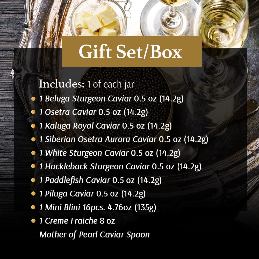 OLMA Caviar Taster Gift Set - 4 oz (112g) of Caviar, Includes 8 Varieties of Caviar Fish Roe (Beluga Hybrid, Osetra, Kaluga Royal, Hackleback, & more), Mini Blinis, Creme Fraiche & Serving Spoon