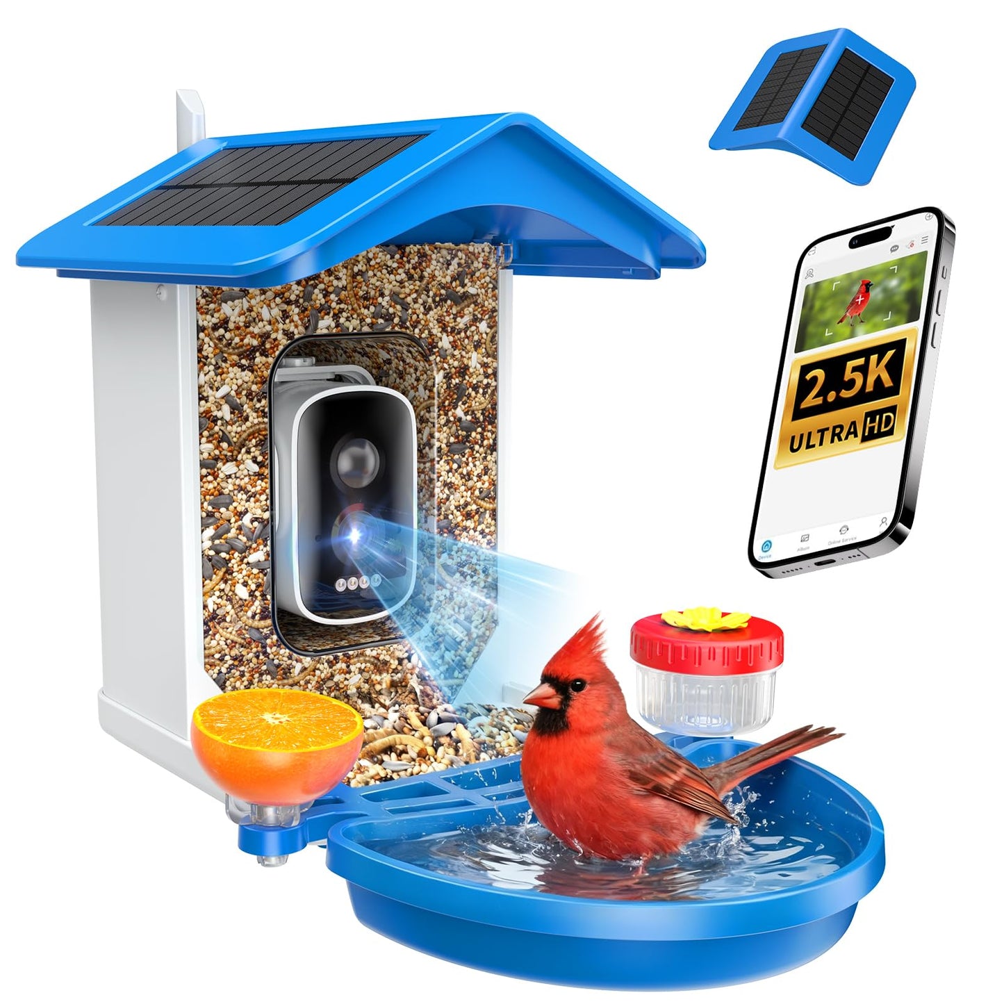 Smart Bird Feeder with Camera 2.5K QHD, AI Identify 16000+ Birds, Auto-Capture & Motion Detection, IP65 Waterproof, 5W Solar Panel, 140° Field of View, Bird Watching Gift