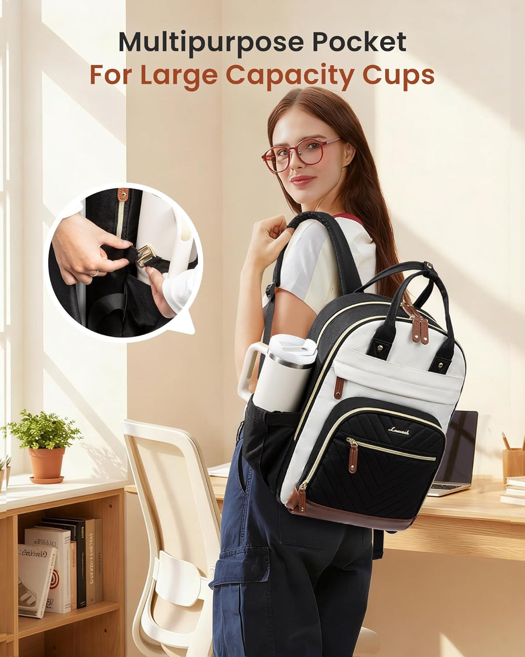 LOVEVOOK Backpack for Women, Fits 15.6 Inch Laptop Bag, School Backpacks, Fashion Travel Work Anti-theft Bag, Business Computer Waterproof College Backpack Purse, Beige-Black-Brown