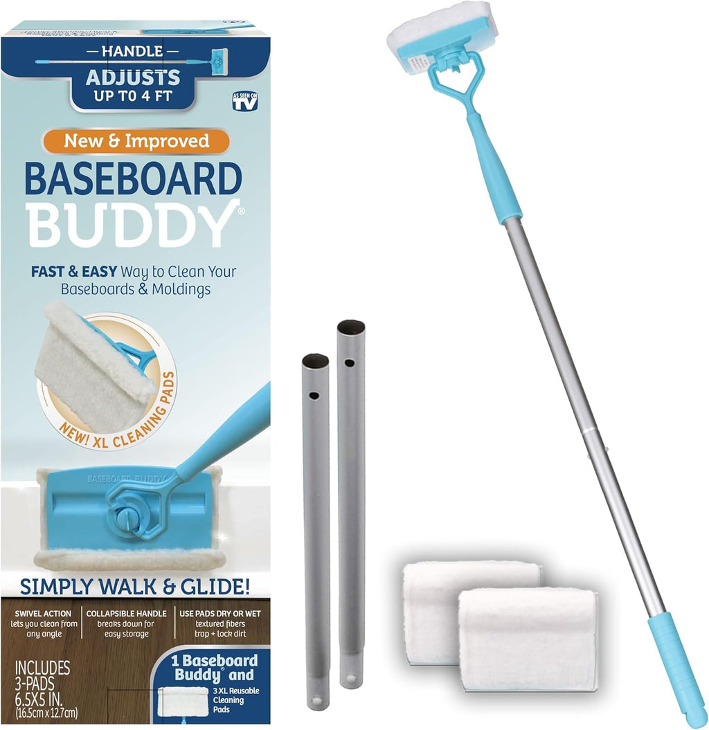 Baseboard Buddy | Lightweight Home Cleaning Essential, Perfect for Baseboards, Moldings & Walls, Glide & Wipe Trapping & Locking Dirt & Dust | As Seen on TV, (1 3 Reusable Pads)