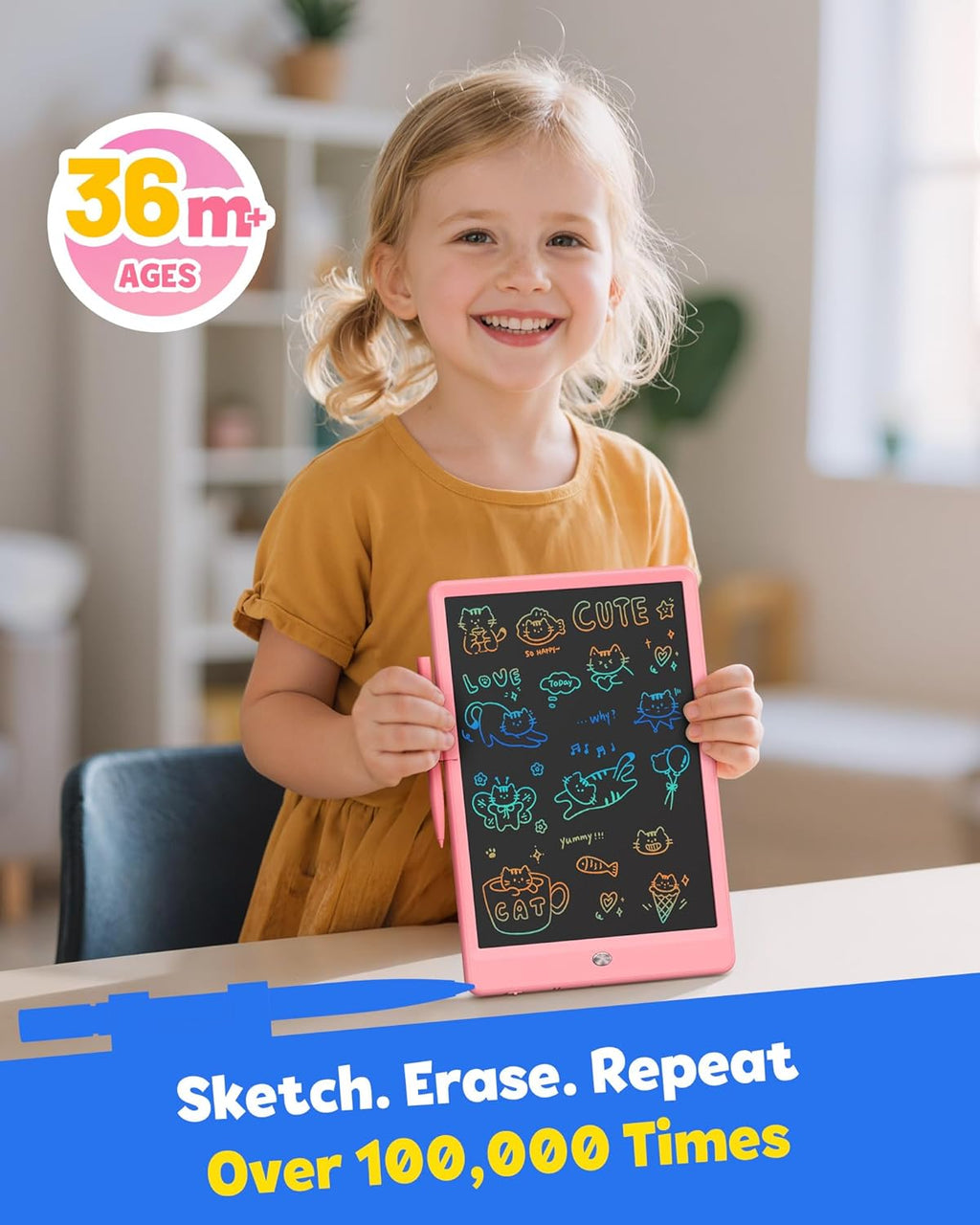 TEKFUN LCD Writing Tablet for Kids, 10-inch Coloring Drawing Pad, Mess Free Doodle Board, Gifts for Girls and Toddlers, Toys for 3 4 5 6 7 8 Year Old Boys (Pink)
