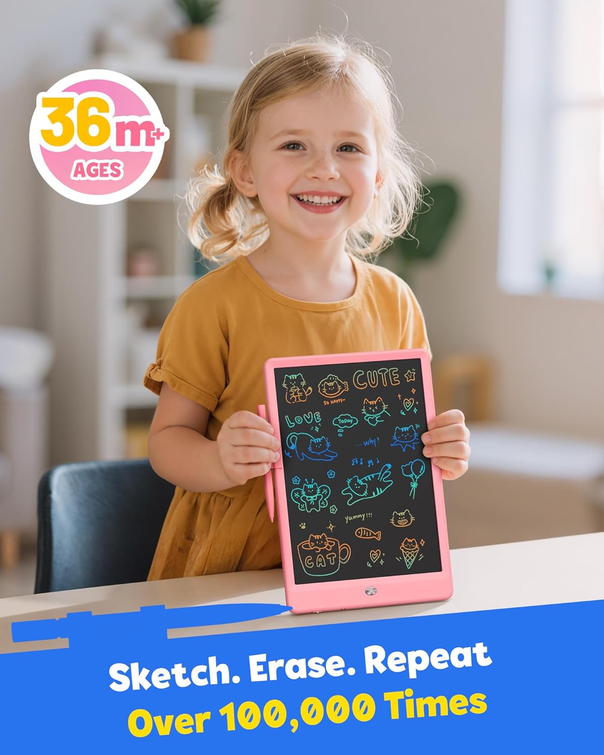 TEKFUN LCD Writing Tablet for Kids, 10-inch Coloring Drawing Pad, Mess Free Doodle Board, Gifts for Girls and Toddlers, Toys for 3 4 5 6 7 8 Year Old Boys (Pink)
