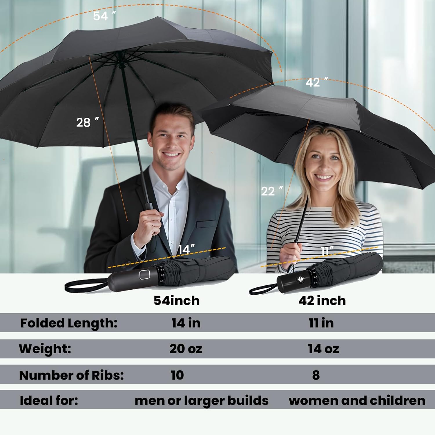 SIEPASA Compact Travel Umbrella - Windproof Auto Open/Close, Small Folding Umbrella for Rain - Lightweight & Durable with Fiberglass Frame, Waterproof Canopy - Fits Backpack, Purse, Suitcase. (Black)