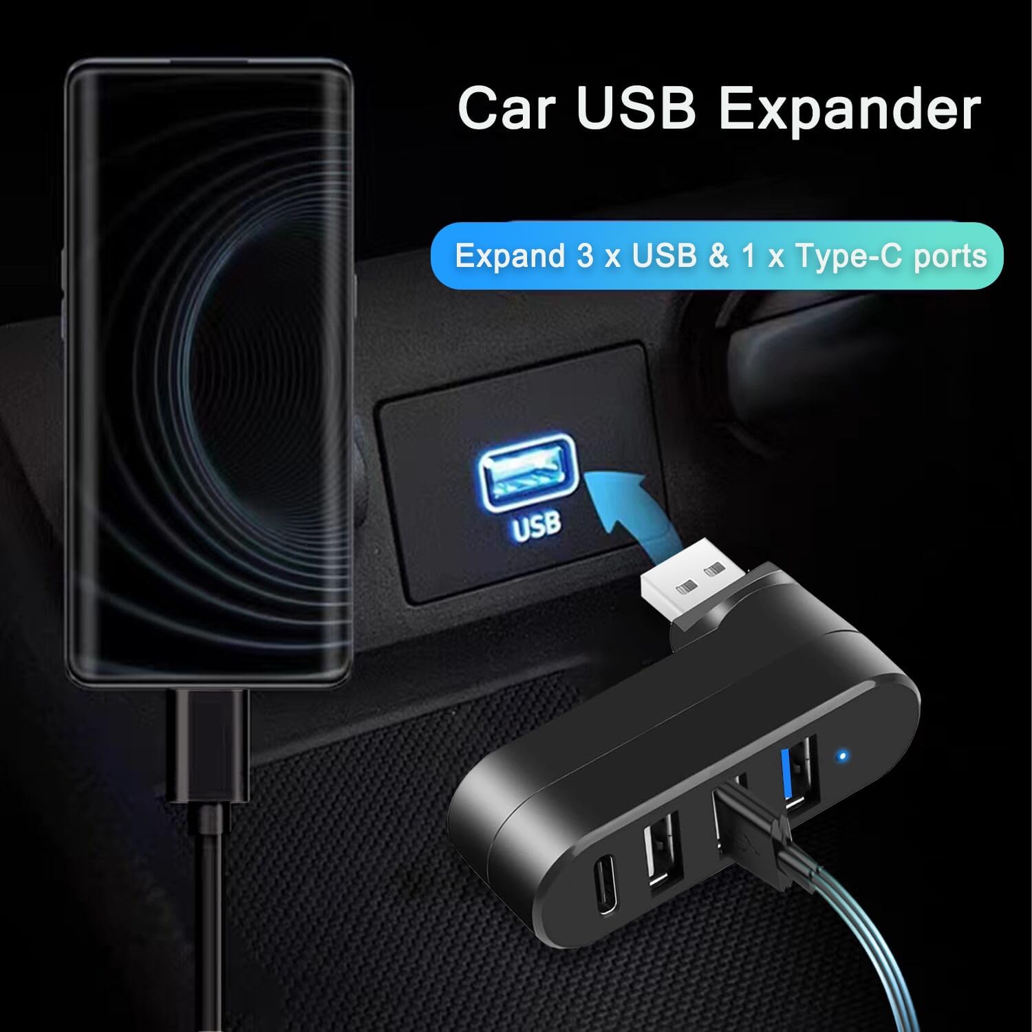 VIENON 4-Port USB 3.0 Hub [90°/180° Degree Rotatable], USB Splitter with PD-in 5W USB C Port, USB Extender for Laptop, Car, iMac, MacBook Air, MacBook Pro, and More